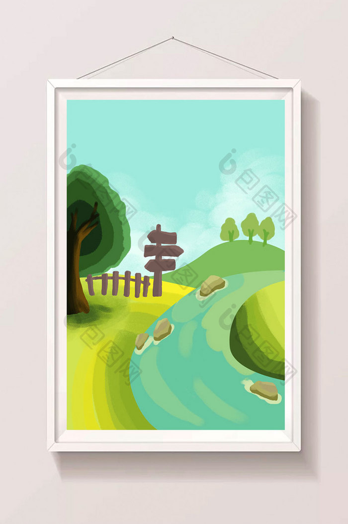 夏季清新风景河流栅栏手绘插画背景