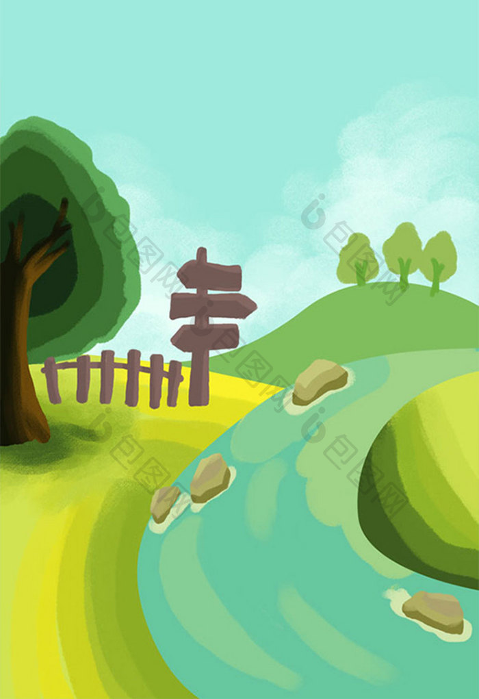 夏季清新风景河流栅栏手绘插画背景