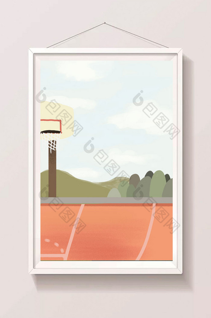 夏天暑期生活篮球场场景手绘背景插画