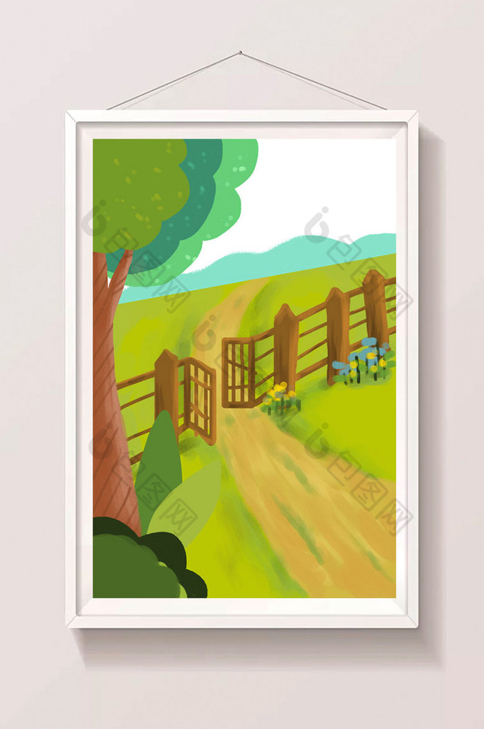 绿色乡村小路栅栏风景海报手绘插画背景素材