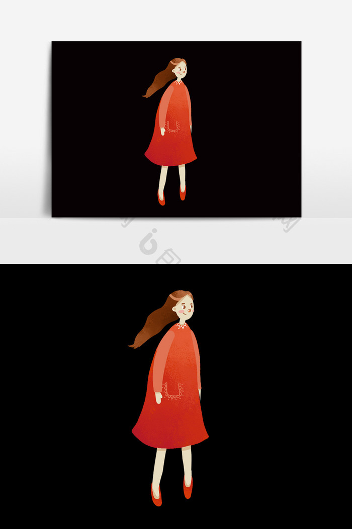 手绘卡通水彩红色衣服女孩