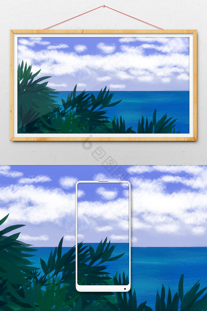 大海绿树插画