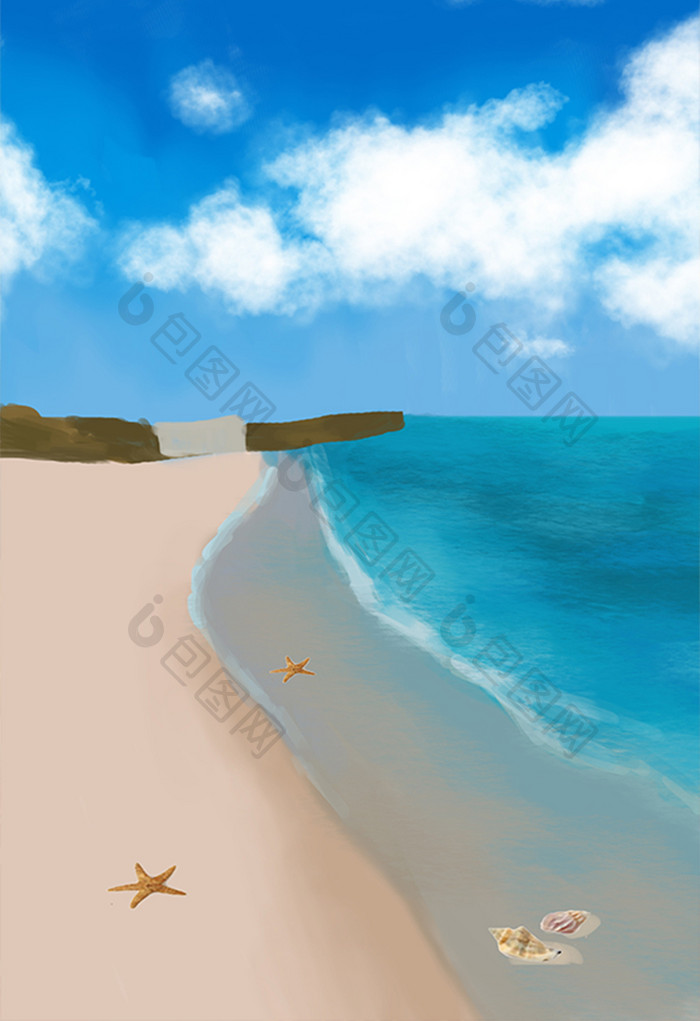 蓝色大海海滩场景插画元素