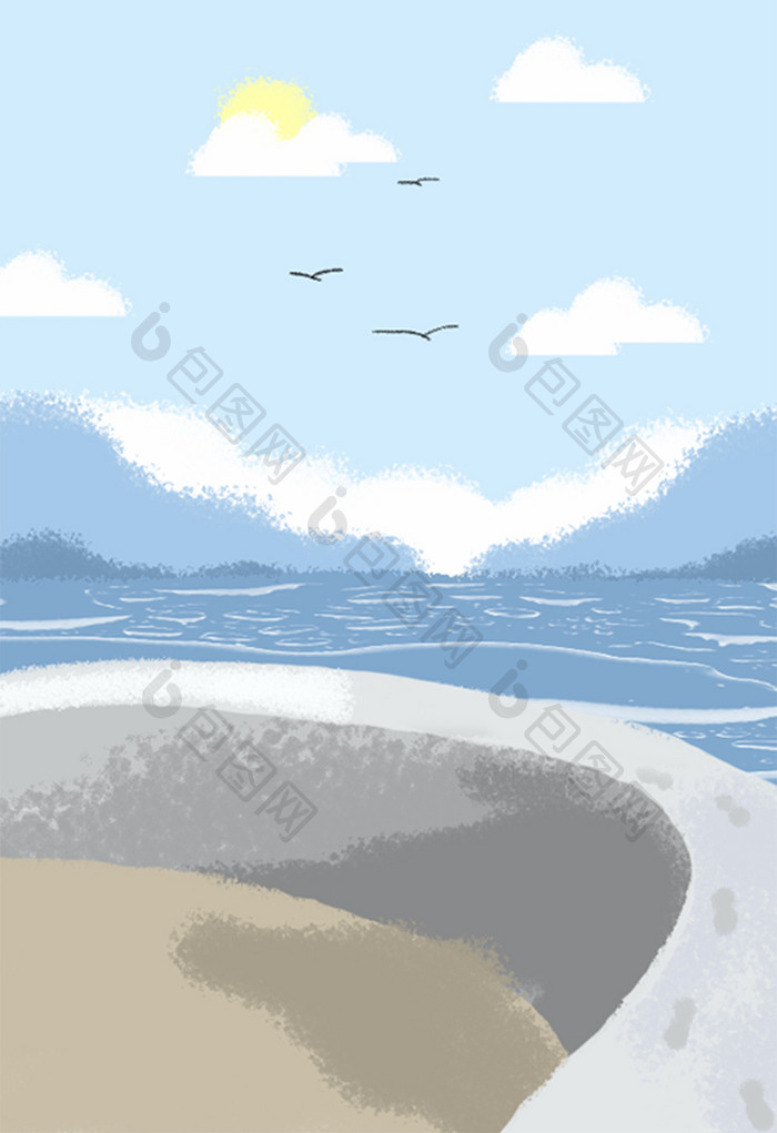 卡通手绘水彩海边风景