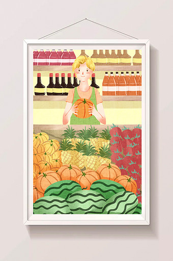 可爱超市女员工整理瓜果食物插画图片