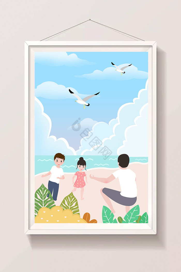 海滩亲子暑假度假游玩生活大暑小暑插画图片