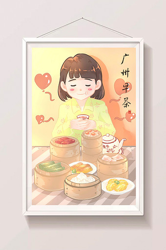 橘色简约唯美卡通传统美食广州早茶插画