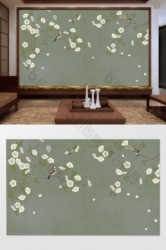 新中式手绘花鸟玉兰电视沙发背景墙