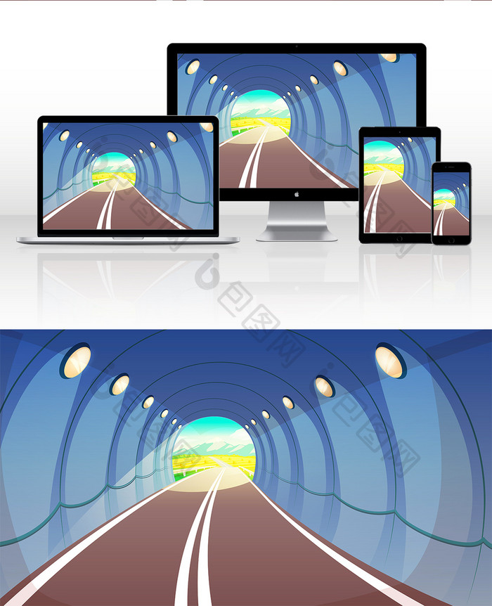 卡通扁平通往乡间的隧道路口背景插画