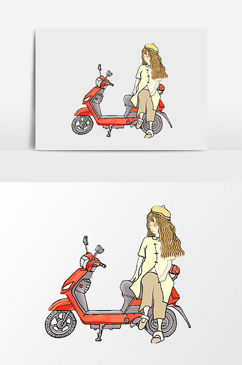 漫画卡通手绘摩托车少女图片