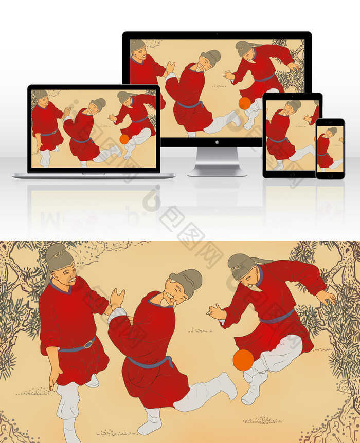 复古中国风中国蹴鞠文化插画