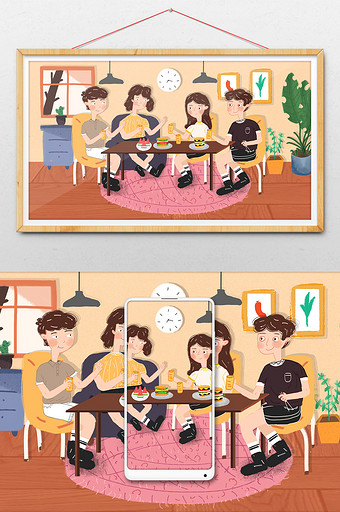 卡通清新亲朋好友聚餐下午茶吃饭美食插画图片