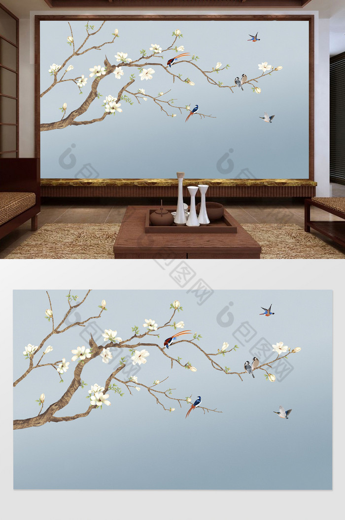 中式手绘工笔花鸟电视机客厅沙发背景墙图片图片