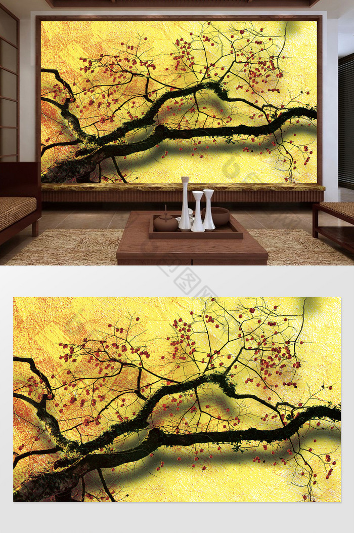 中式金色梅花花枝电视背景墙图片图片