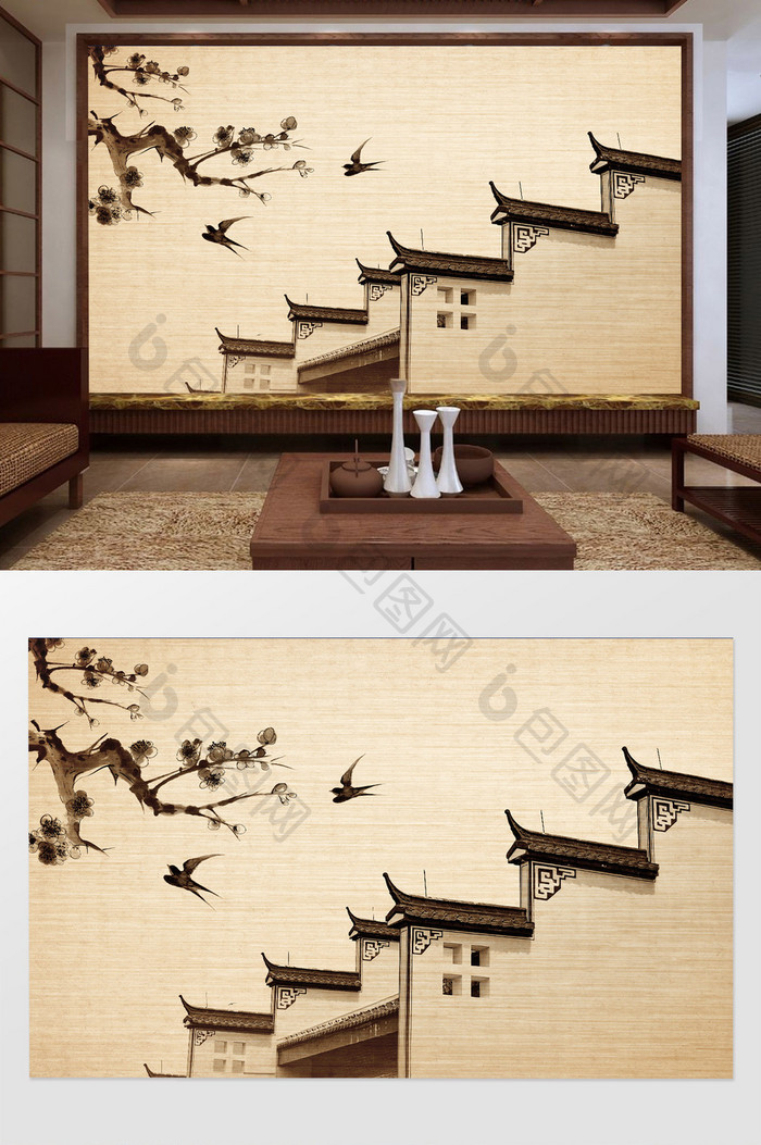 新中式水墨意境徽派房屋屋檐燕子树枝背景墙