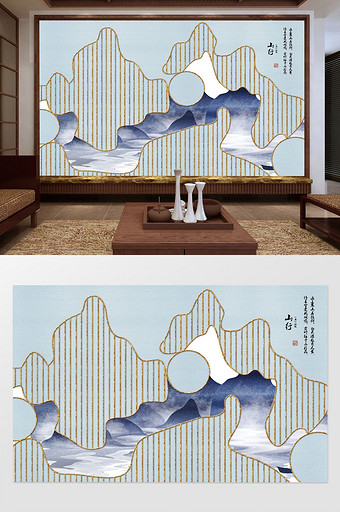 新中式装抽象金色创意山水电视背景墙图片