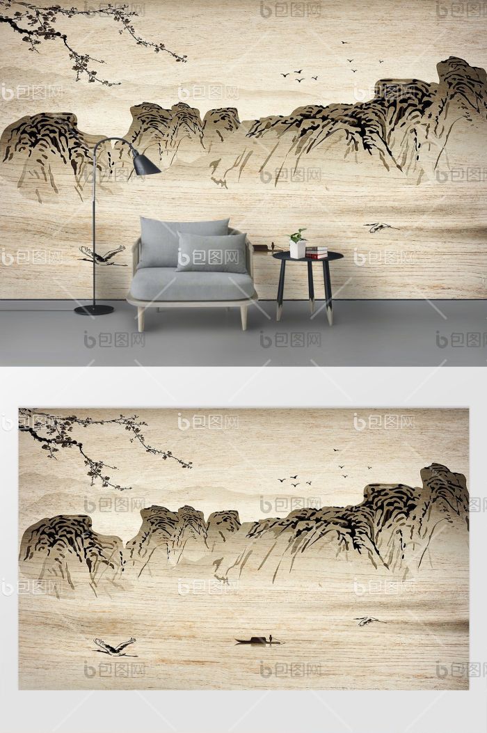 新中式水墨意境远山山峰太阳小溪河流背景墙效果图-【包图网】