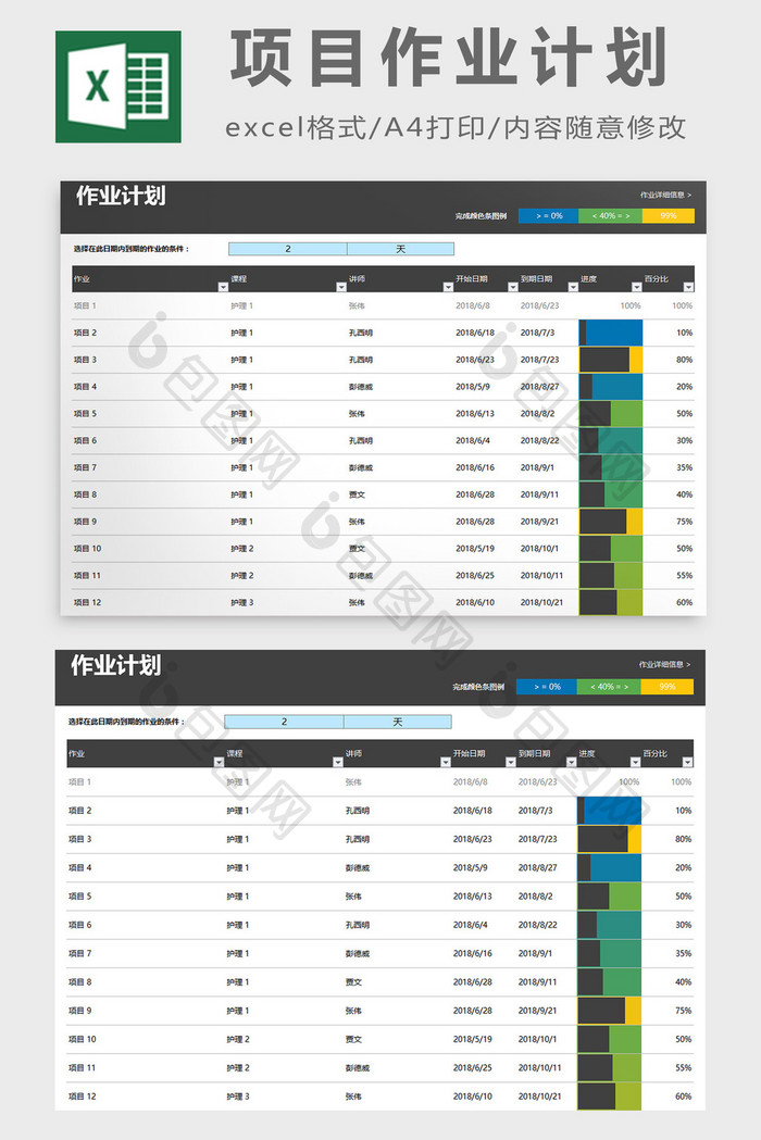 项目作业计划excel模板
