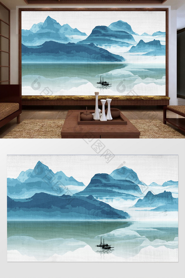 新中式水墨意境清凉远山倒影背景墙装饰定制
