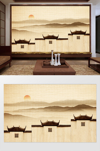 新中式水墨意境徽派远山夕阳背景墙装饰定制图片