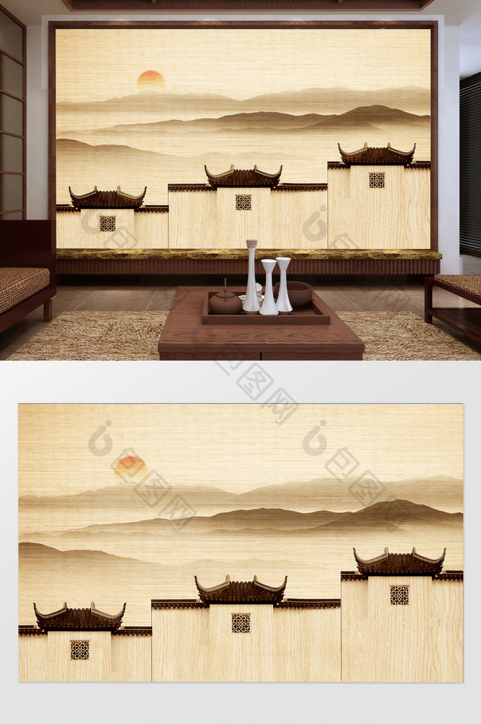 新中式水墨意境徽派远山夕阳背景墙装饰定制