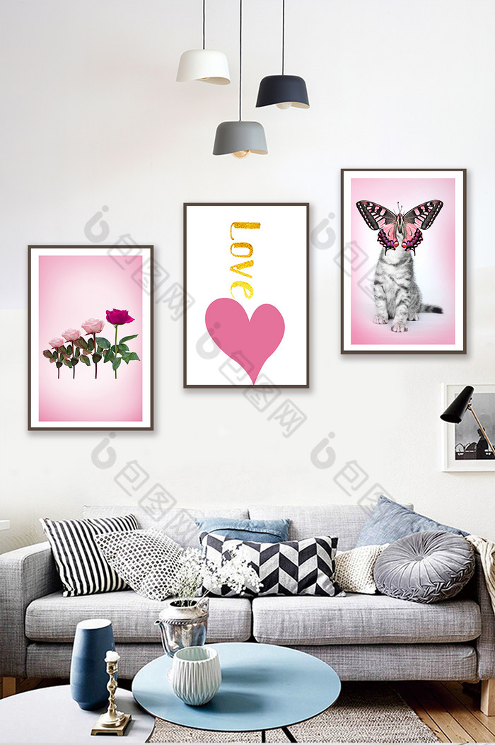 北欧粉色可爱玫瑰和猫客厅装饰画图片图片