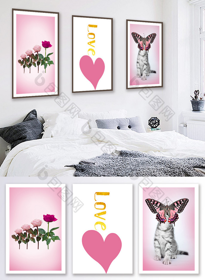 北欧粉色可爱玫瑰和猫客厅装饰画