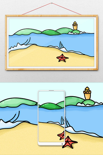 卡通大海海滩灯塔场景插画图片