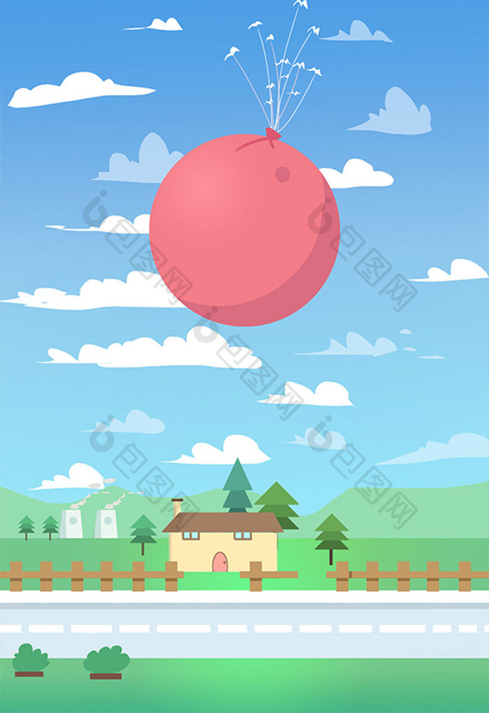 绿色郊外热气球场景插画