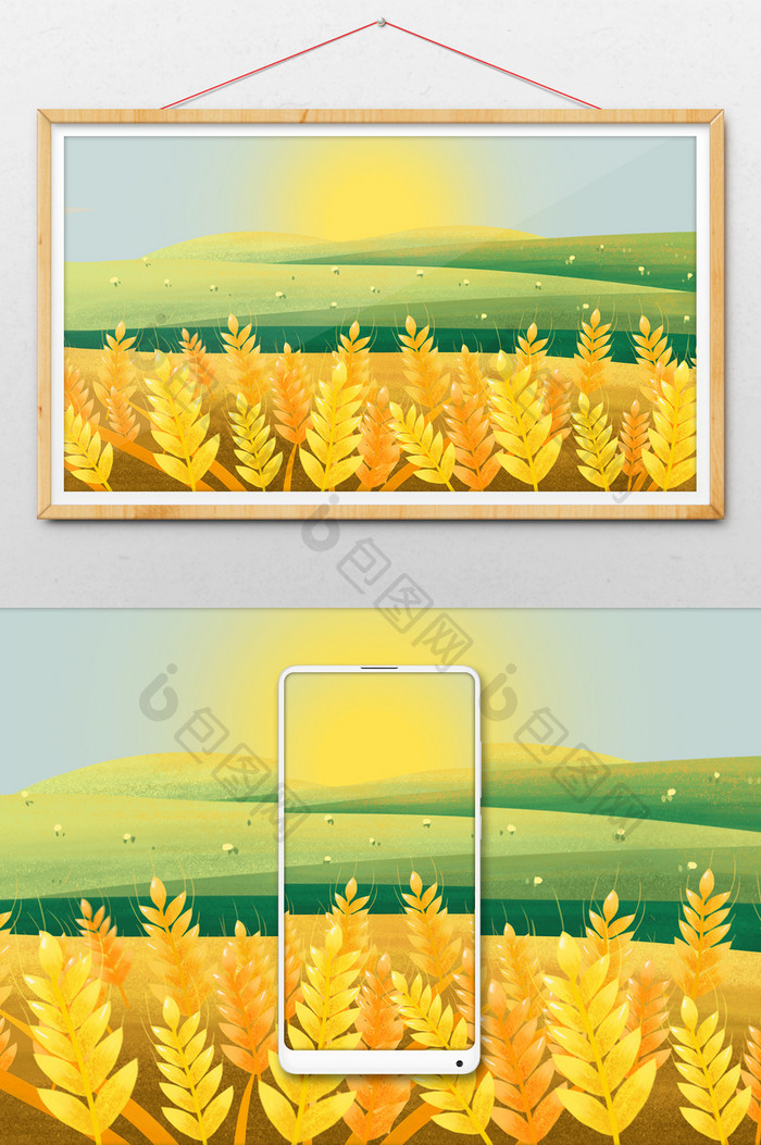 秋天山脚下金黄色的麦田手绘插画背景