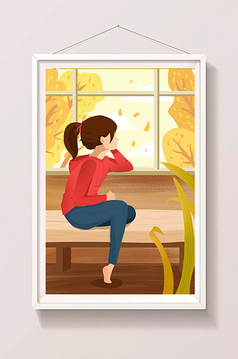 卡通温馨清新窗边思考的女孩立秋秋分插画图片