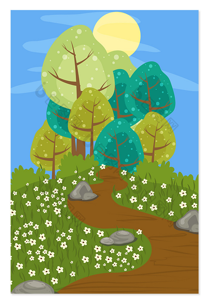手绘卡通森林小路绿色海报背景