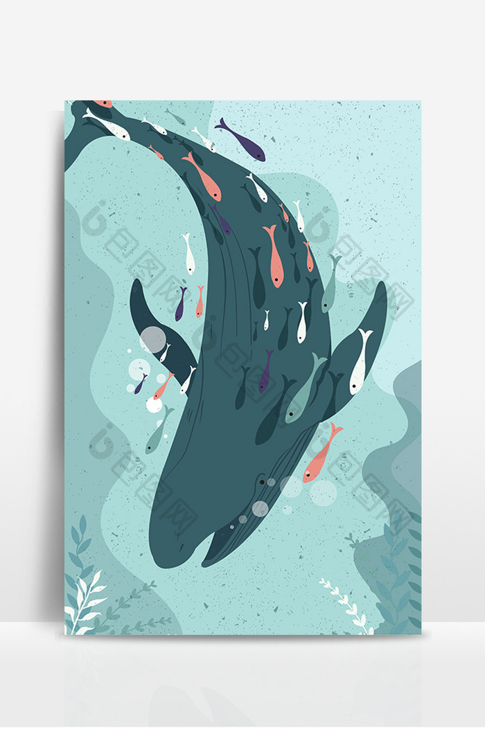 卡通蓝色海洋生物鲸鱼鱼群海报背景