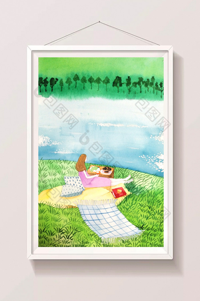 绿色手绘水彩暑假生活河边散心插画