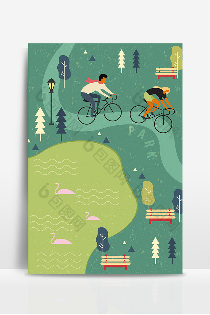 手绘公园健康生活骑自行车海报背景
