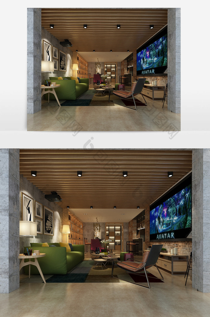 工业风格客厅设计的效果图和模型