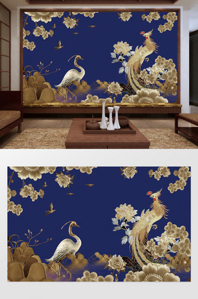 新中式油画唯美凤凰 花朵 白鹤电视背景墙