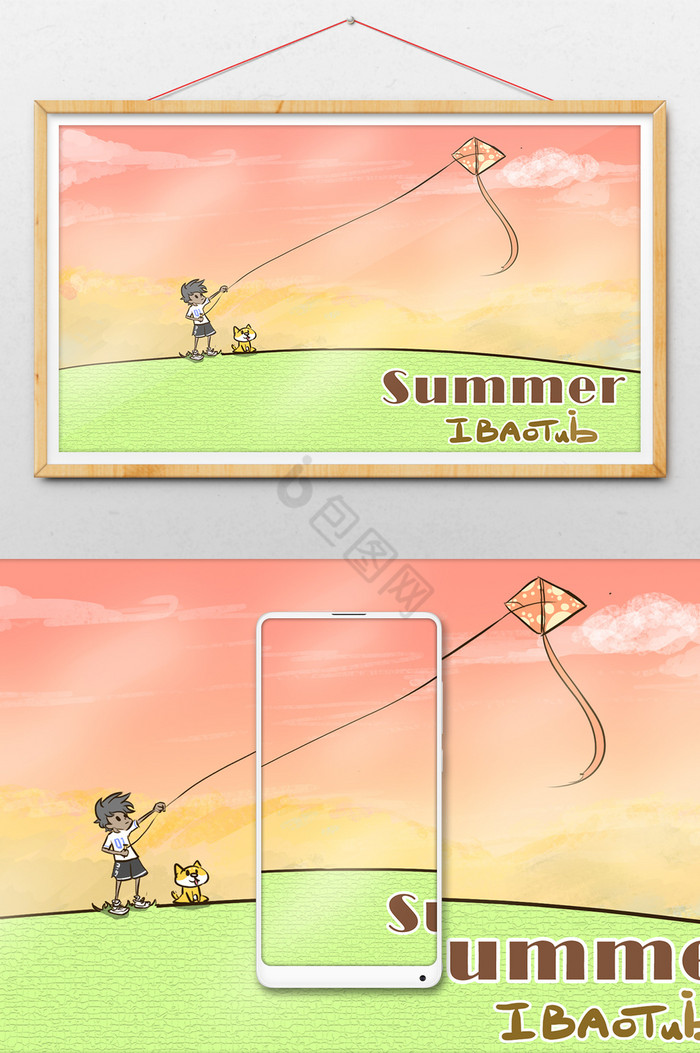 暖色暑假放风筝少年狗狗插画图片