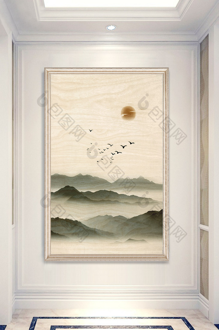 新中式水墨诗意远山群鸟向阳玄关画装饰定制