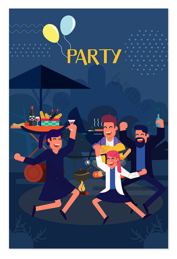 扁平化卡通青年聚会party海报背景图片模板-包图网