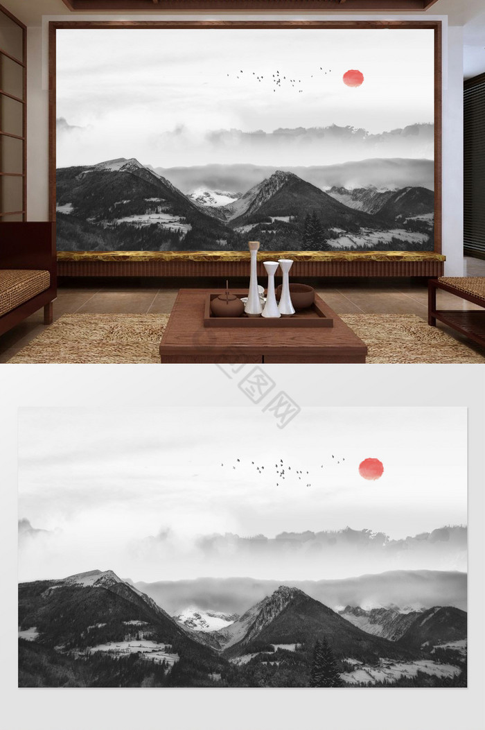 新中式山峦夕阳定制背景墙定制图片
