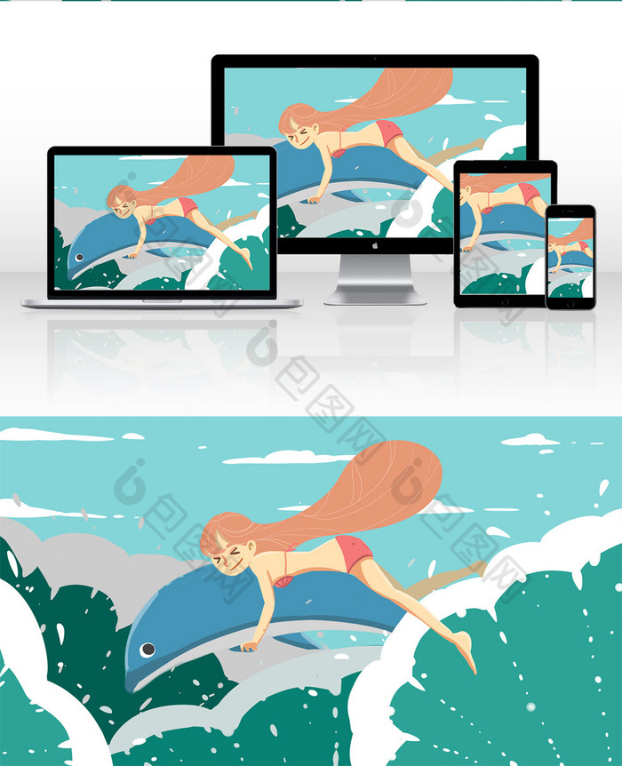 女孩和海豚玩耍的暑假生活扁平风格插画