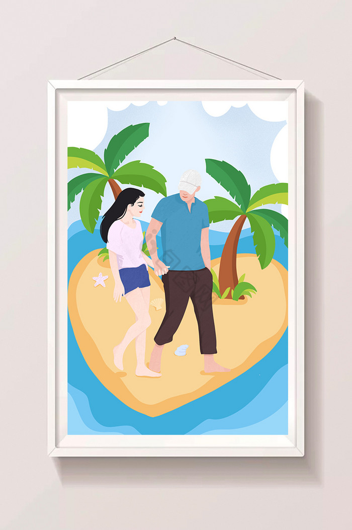 情侣牵手沙滩海边插画图片