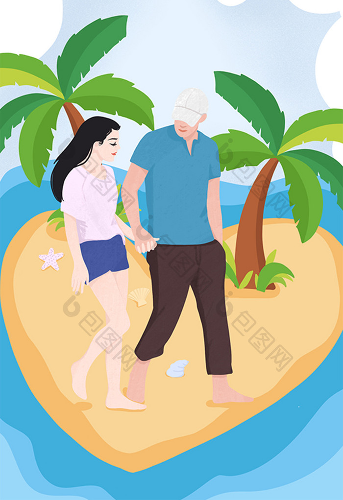 扁平风情侣牵手沙滩海边创意插画