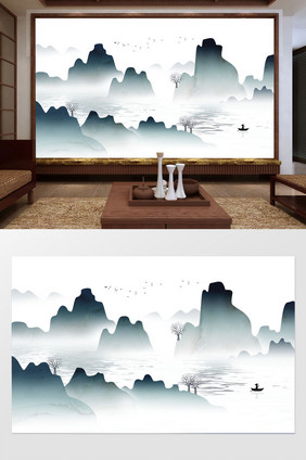 新中式手绘水墨山水意境画背景墙