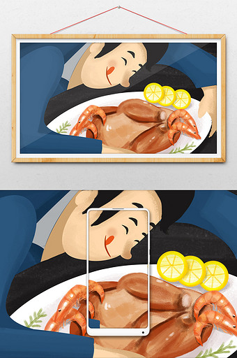 卡通期待美食的男人插画图片
