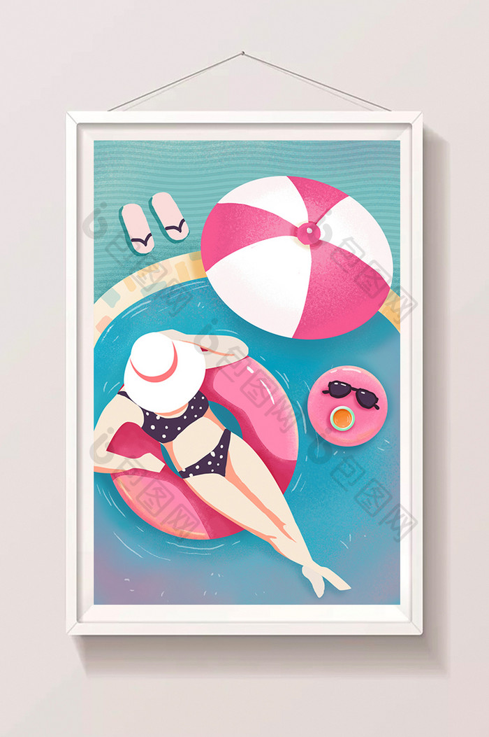 蓝色粉色靓丽夏日假期游泳渡假插画