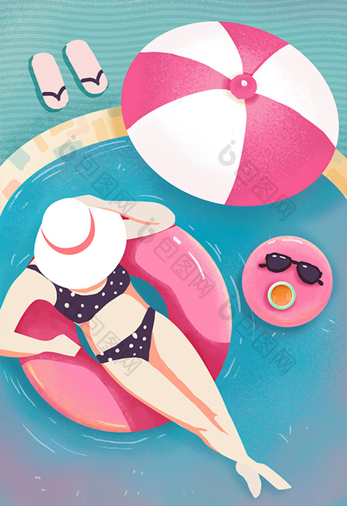 蓝色粉色靓丽夏日假期游泳渡假插画