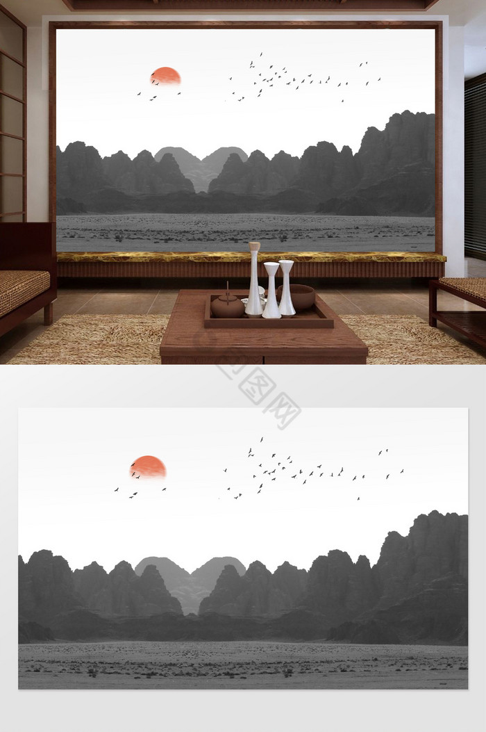 新中式意境风山水电视背景墙图片