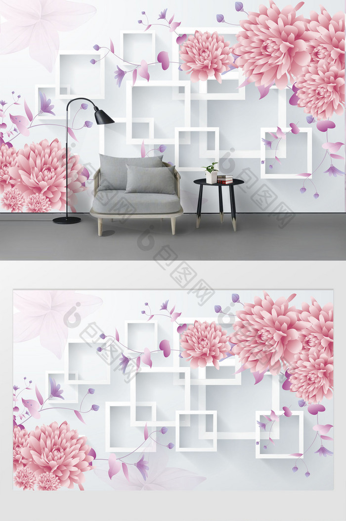 现代时尚3D立体方框花朵花卉唯美背景墙